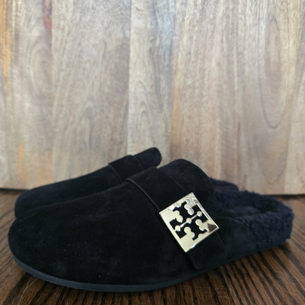 Tory Burch Mellow Suede Shearling Buckle Loafer Mules